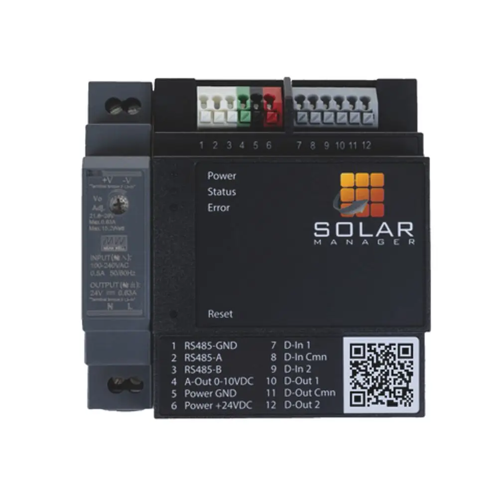 Roth WPS Solar Manager Connect, mit Anschlüssen für RS485-kommunikation und Ausgängen für 0-10V und digitale Signale, angezeigt auf schwarzem Gehäuse.
